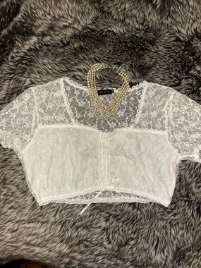 Fairy White Lace Sheer Crop Top with Short Sleeves